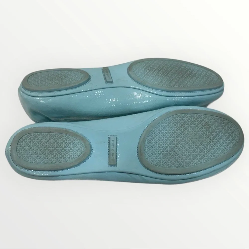 Tory Burch 11M, Minnie Travel Ballet Flats, AUDREY BLUE Crinkle Metallic Leather